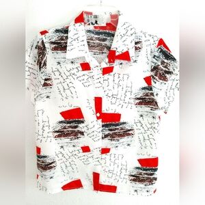 Short Sleeve Blouse Colorful Red Black White Abstract Print Medium Chest 34"